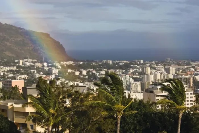 Framed Print : France, Reunion Island, St-Denis, view from Montgalliard, morning with rainbow Framed Print : France, Reunion Island, St-Denis, view from Montgalliard, morning with rainbow