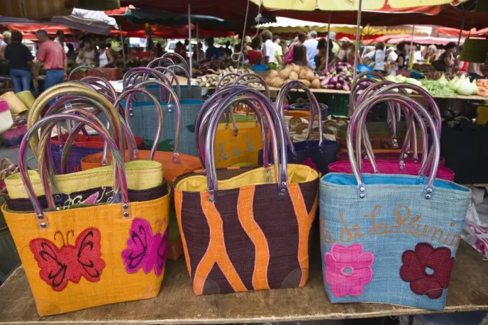 Framed Print : France, Reunion Island, St-Paul, Seafront Market, Reunion-made handbags