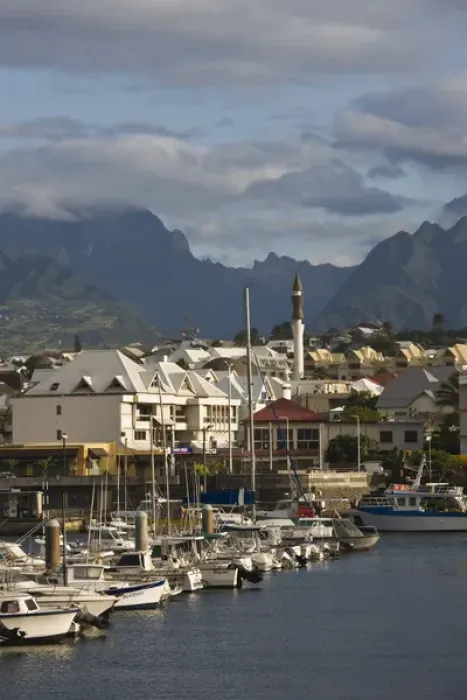Framed Print : France, Reunion Island, St-Pierre, Harborfront with Cirque de Cilaos mountains in the background Framed Print : France, Reunion Island, St-Pierre, Harborfront with Cirque de Cilaos mountains in the background