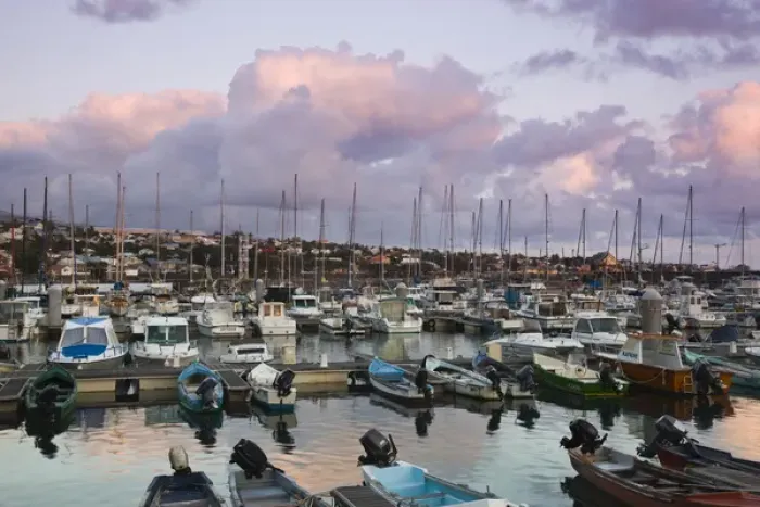 Framed Print : France, Reunion Island, St-Pierre, yacht harbor, dusk