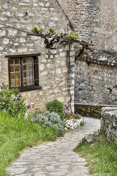 France, Saint-Cirq Lapopie. Cobblestone path leading to stone houses