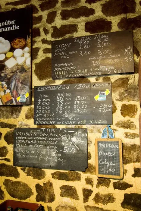 Framed Print : France, Sept Forges, prices of the cider and calvados in the cellar of Patrick Boisgontier