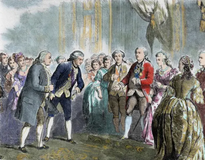 Framed Print : Franklin, Benjamin (1706-1790). Statesman and scientist. Franklin at Louis XVI and Marie Antoinette Framed Print : Franklin, Benjamin (1706-1790). Statesman and scientist. Franklin at Louis XVI and Marie Antoinette