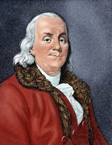 Franklin, Benjamin (1706-1790). American statesman and scientist. Colored engraving