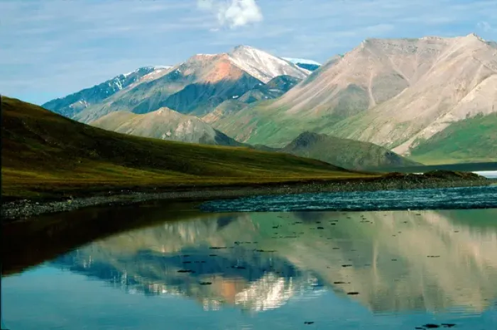 Framed Print : Franklin Mts. Brooks Range across Schrader Lake, July, 1990, in the Arctic National