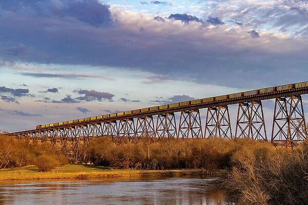 Freight train crosses Hi- Line Trestle over the Sheyenne River in Valley City, North Dakota, USA