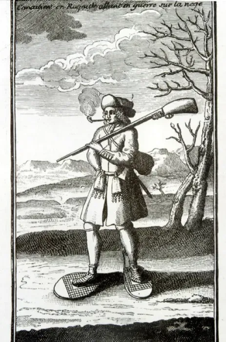 Framed Print : A French Canadian with snow shoes and gun, smoking, 1722. Canada