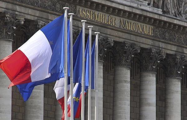 French flags at the National Assembly building, Paris, France