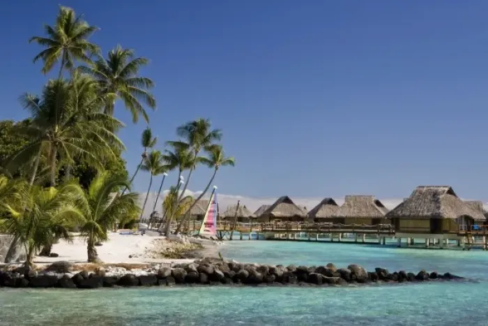 Framed Print : French Polynesia, Bora Bora. Bungalows and beach with Hobie Cat sailboat