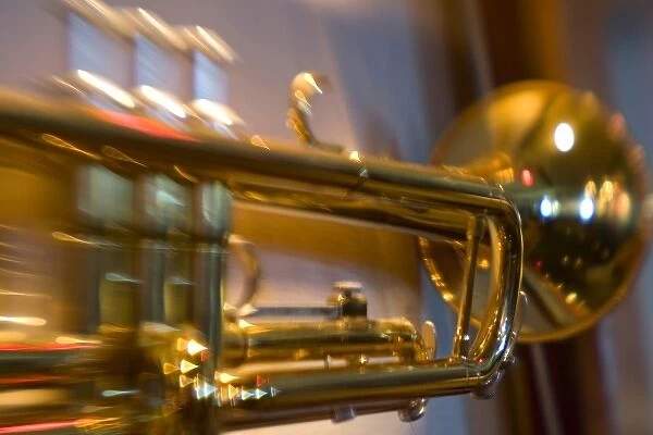 French Polynesia. Close-up of brass trumpet used in band
