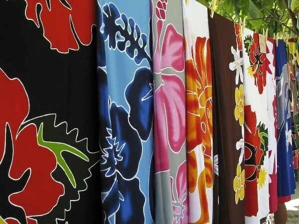 French Polynesia. Colorful tropical print fabrics