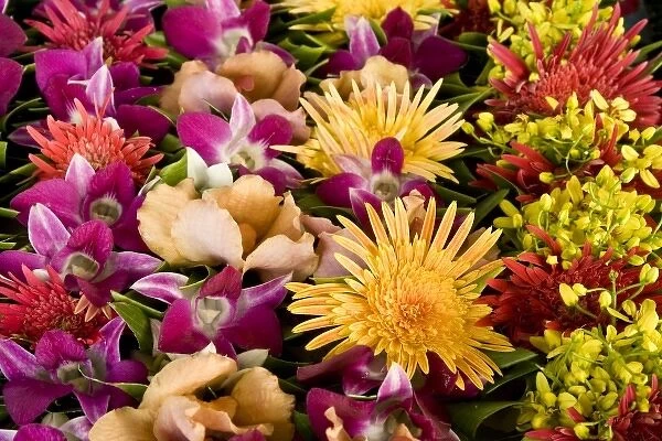 French Polynesia. Display of tropical native flowers