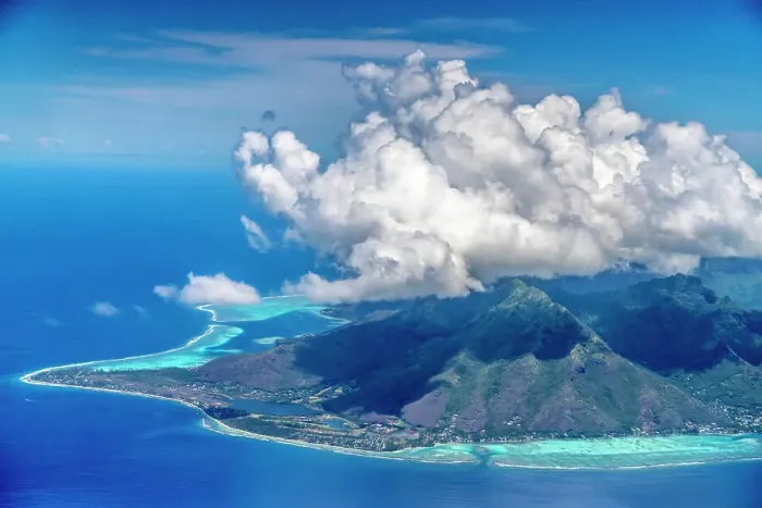 Framed Print : French Polynesia, Moorea. Aerial view of island Framed Print : French Polynesia, Moorea. Aerial view of island