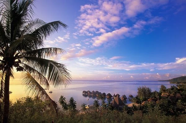 French Polynesia, Moorea. View of the Baie de Vaiare and Sofitel la Ora Bungalows