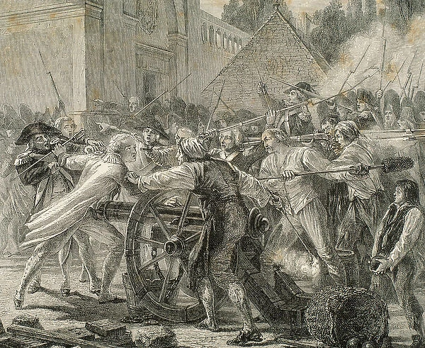 French Revolution. Heroic act of Desilles. Engraving by T. Meyer Heine