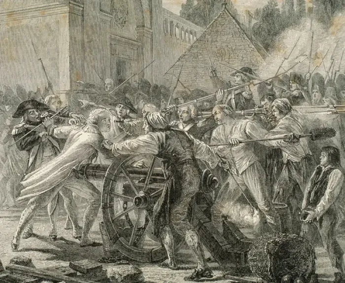 Framed Print : French Revolution. Heroic act of Desilles. Engraving by T. Meyer Heine