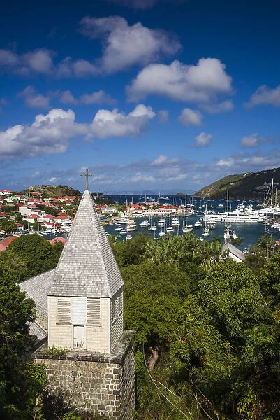 French West Indies, St-Barthelemy. Gustavia, Anglican Church and elevated view towards