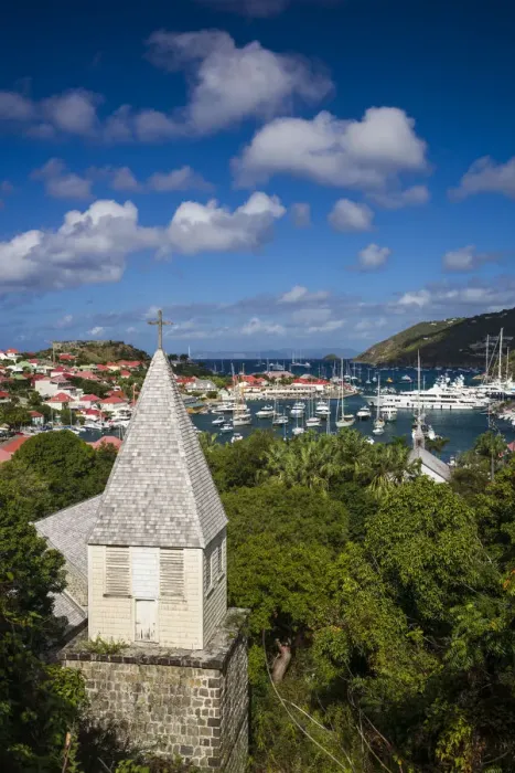 Framed Print : French West Indies, St-Barthelemy. Gustavia, Anglican Church and elevated view towards