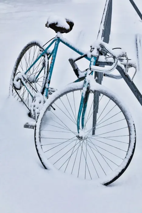 Framed Print : Fresh snow on bike, town of Snoqualmie