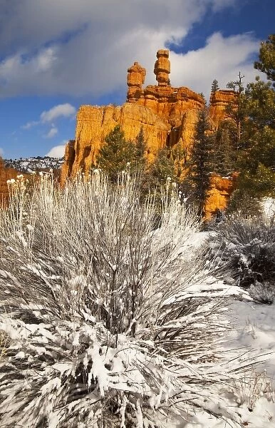 Fresh spring snowfall coats the red rocks and hoodoos at Red Canyon in the Dixie