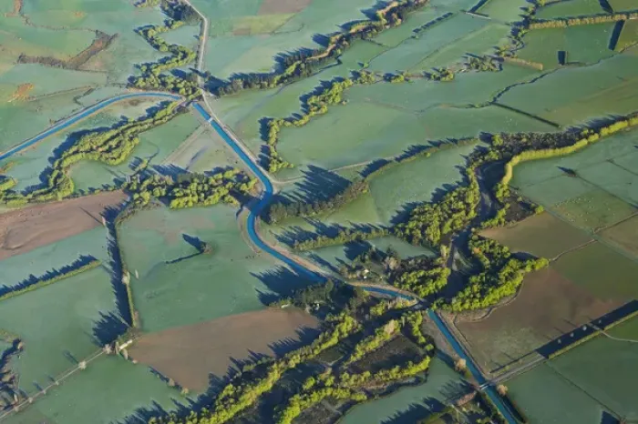 Framed Print : Frosty Farmland near Methven, Canterbury Plains, South Island, New Zealand - aerial
