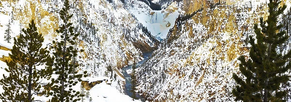 Frozen Waterfall seen from Artist Point view in Winter Snow. Yellowstone National Park