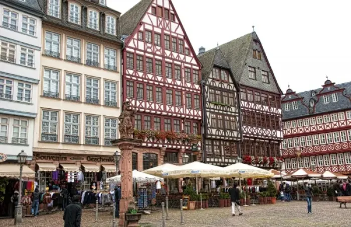 Framed Print : Gabled architecture and flowers of Romerberg, Old Town, Frankfurt, Germany Framed Print : Gabled architecture and flowers of Romerberg, Old Town, Frankfurt, Germany