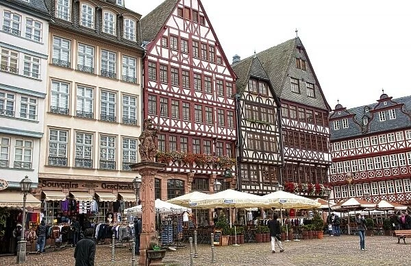 Gabled architecture and flowers of Romerberg, Old Town, Frankfurt, Germany