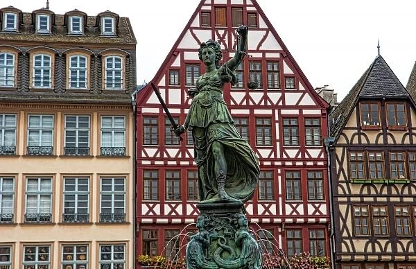 Gabled architecture and statue of Romerberg, Old Town, Frankfurt, Germany