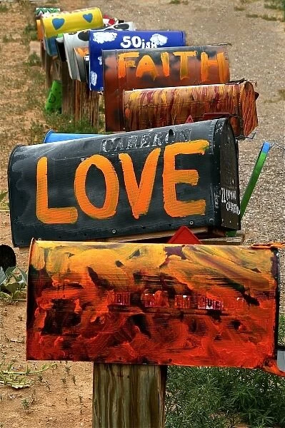Galisteo, New Mexico, United States. Hand painted mailboxes