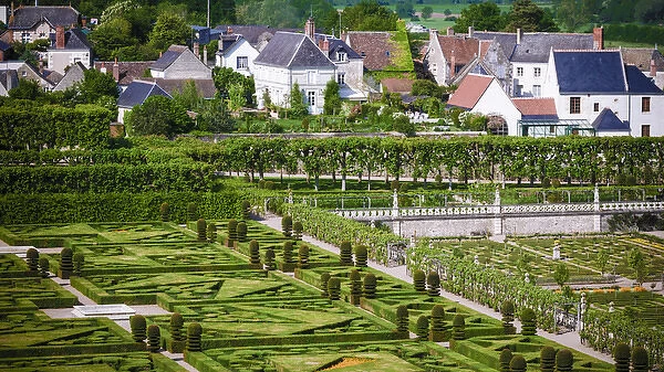 Gardens and village, Chateau de Villandry, Villandry, Loire Valley, France