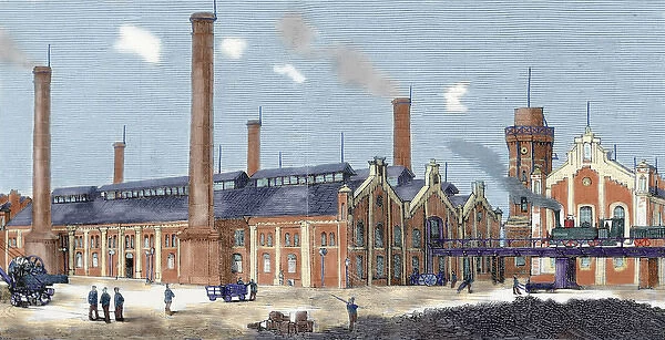 Gas plant. Cologne. Germany. Colored engraving from 1879