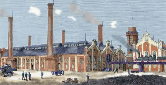 Framed Print : Gas plant. Cologne. Germany. Colored engraving from 1879 Framed Print : Gas plant. Cologne. Germany. Colored engraving from 1879