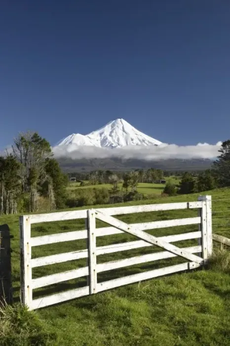 Framed Print : Gate and Farmland near Stratford and Mt Taranaki  /  Mt Egmont, Taranaki, North Island