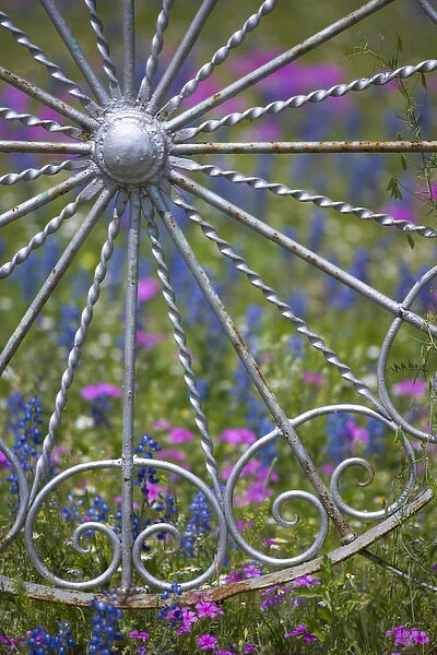 Gate and Fence made out of metal in the design of wheels with backdrop of Texas Wildflowers
