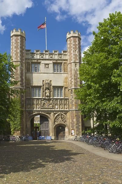 Gate to Trinity College and rows of bicycles, Cambridge, England