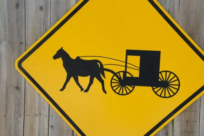 Framed Print : Geauga County, Mesopotamia. Amish carriage caution road sign