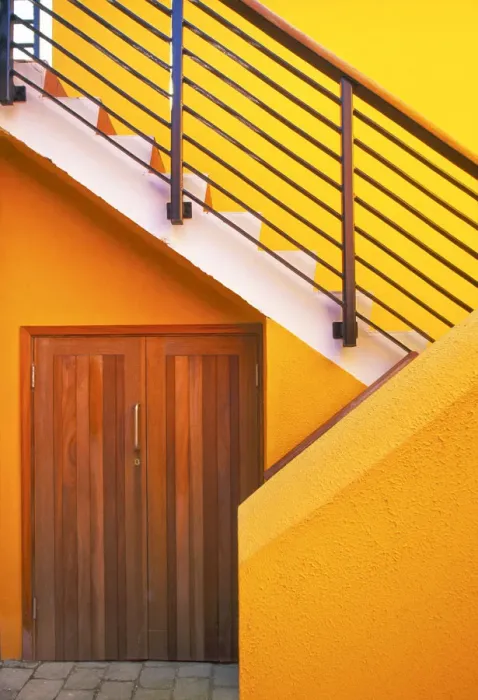 Framed Print : Geometric view of a yellow and orange stairway Framed Print : Geometric view of a yellow and orange stairway