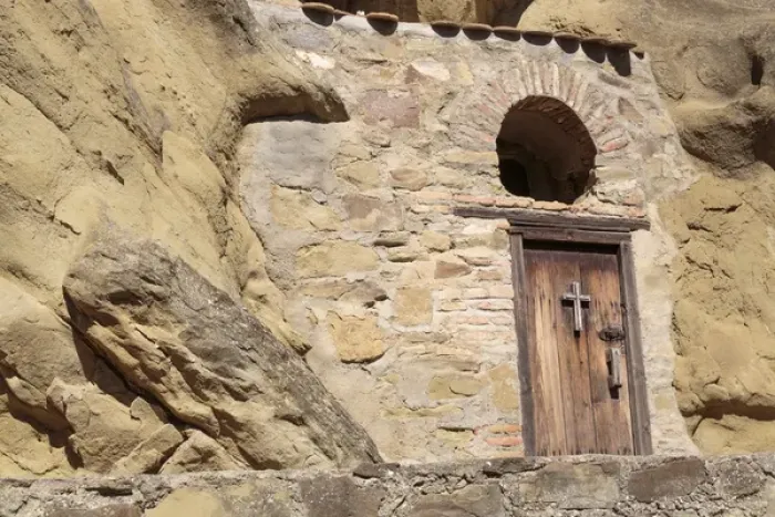 Framed Print : Georgia, Kakheti. A building built into a rockface at the David Gareja Monastery