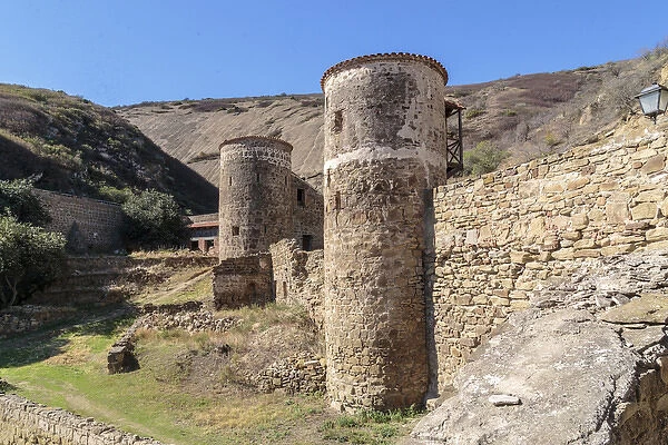 Georgia, Kakheti. Stone towers and walls at the David Gareja Monastery