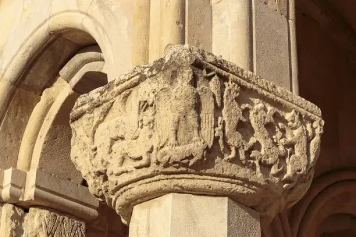 Framed Print : Georgia, Kutaisi. Carvings of creatures in a stone pillar at Bagrati Cathedral Framed Print : Georgia, Kutaisi. Carvings of creatures in a stone pillar at Bagrati Cathedral