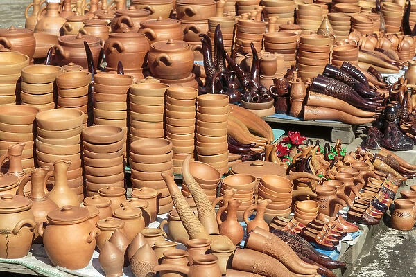 Georgia, Kutaisi. A collection of ceramic goods for sale