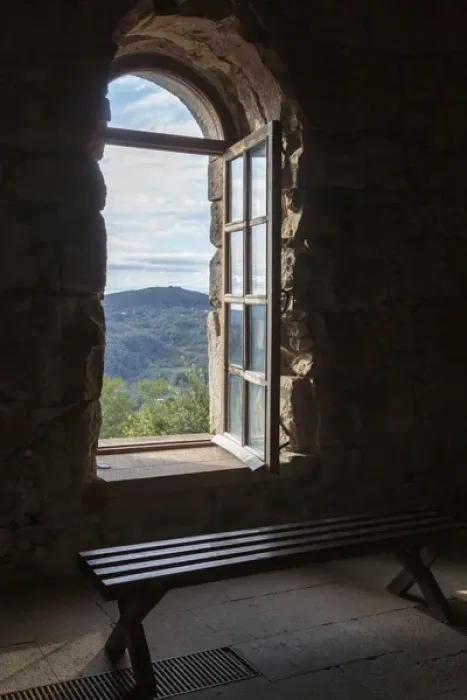 Framed Print : Georgia, Kutaisi. A window looking out into Kutaisi from inside the Gelati Monastery