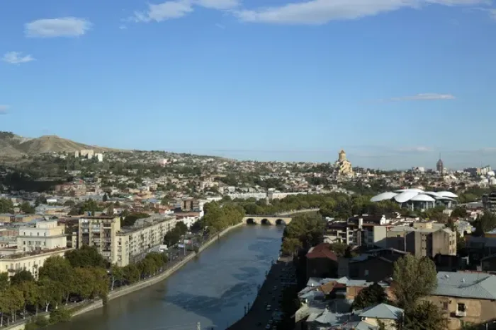 Framed Print : Georgia, Tbilisi. A view from above of downtown Tbilisi and the Mtkvari river, with