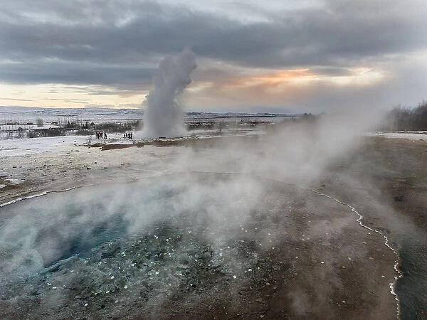 The geothermal area Haukadalur part of the touristic route Golden Circle during winter