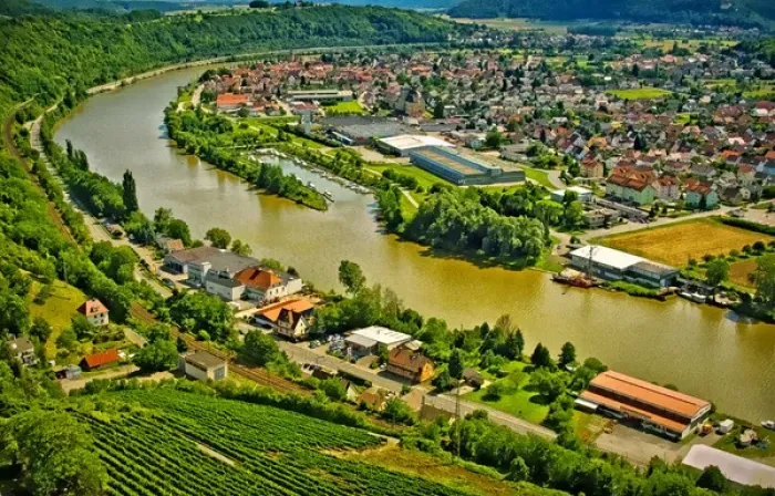 Framed Print : Germany, Bad Wimpfen. Aerial view of town and Neckar River Framed Print : Germany, Bad Wimpfen. Aerial view of town and Neckar River
