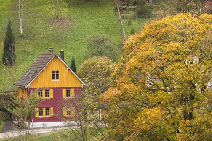 Framed Print : Germany, Baden-Wurttemburg, Black Forest, Unterdorf, elevated view of farmhouse, fall Framed Print : Germany, Baden-Wurttemburg, Black Forest, Unterdorf, elevated view of farmhouse, fall