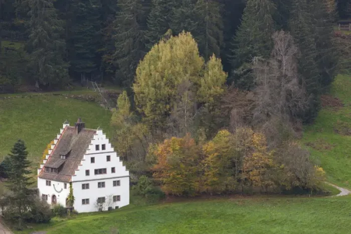 Framed Print : Germany, Baden-Wurttemburg, Black Forest, Lossburg, elevated famhouse view, fall