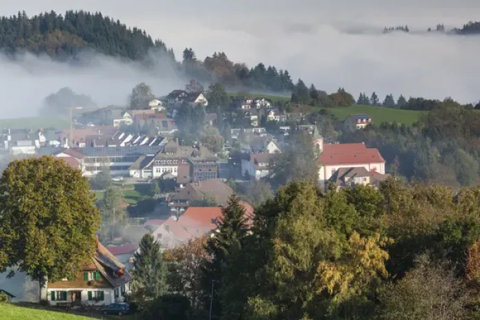 Framed Print : Germany, Baden-Wurttemburg, Black Forest, Horben, town view in morning fog, autumn