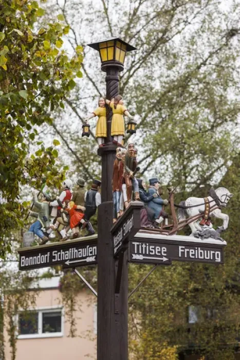 Framed Print : Germany, Baden-Wurttemburg, Black Forest, Lenzkirch, traditional carved wooden road signs